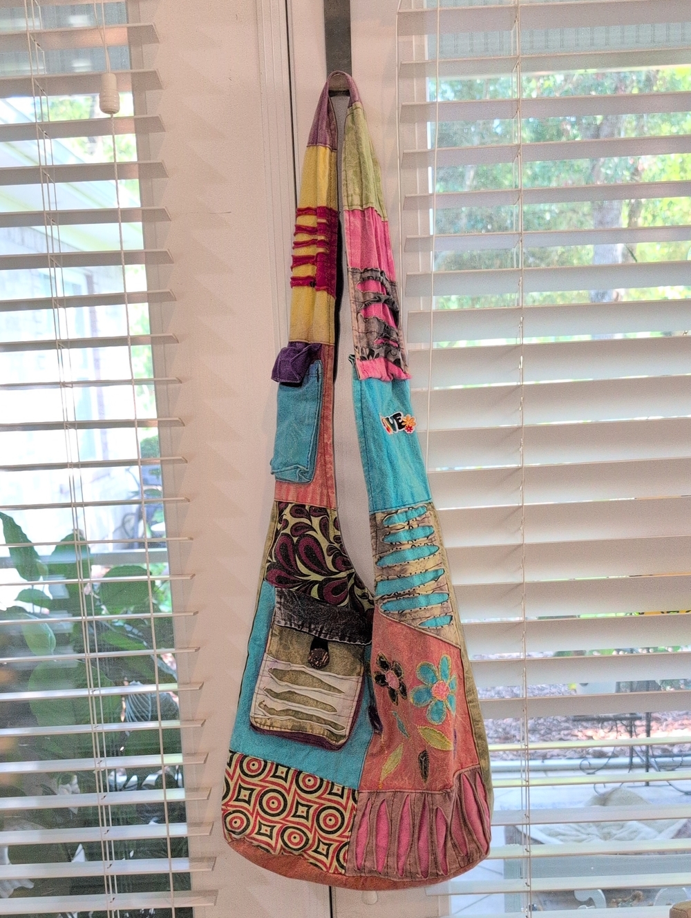 Boho Patchwork Crossbody Hobo Bag in Teal, Pink & Coral